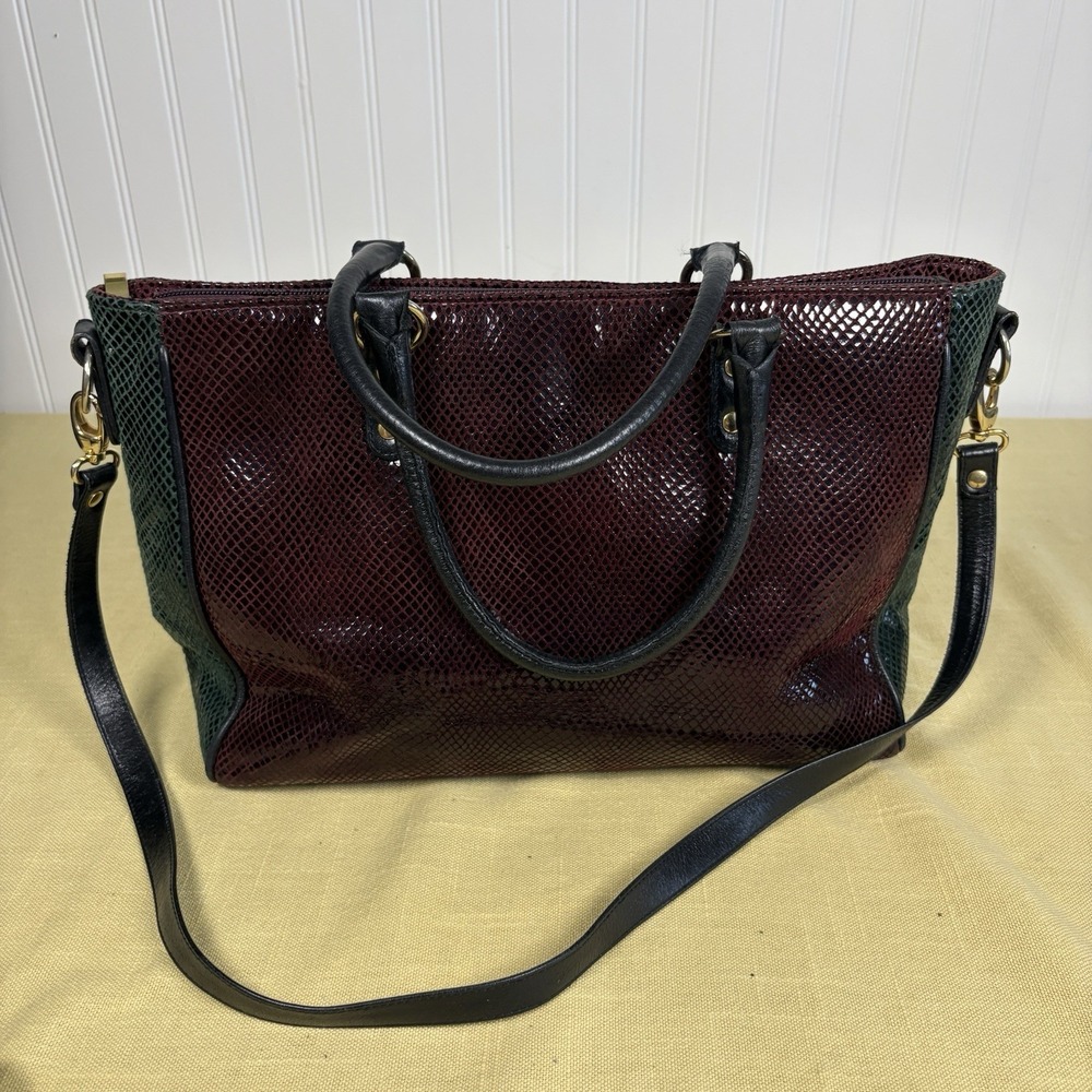 Vintage Due Fratelli Leather Purse Snakeskin Embossed Two Tone Burgundy & Green - Picture 7 of 14